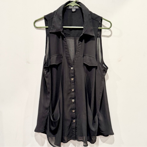 Forever 21 Sleeveless Black Sheer Button-Up Blouse with Collar Women’s Size XL - Picture 3 of 9